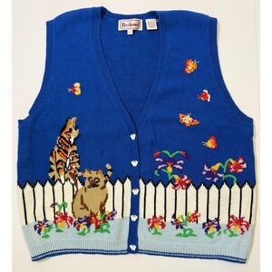 Bechamel Cat Sweater Vest L Blue Knit Picket Fence Butterflies Whimsical Vintage